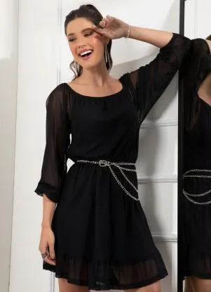 Quintess - Vestido Curto Preto em Tule com Babado na Barra - QUINTESS