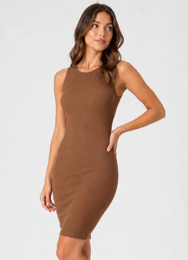 Infinita Cor - Vestido Curto Ribana Canelada Marrom