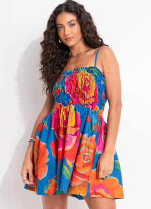 Farm - Vestido Curto Rosas Pintadas Azul - FARM