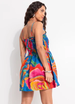 Farm - Vestido Curto Rosas Pintadas Azul - FARM