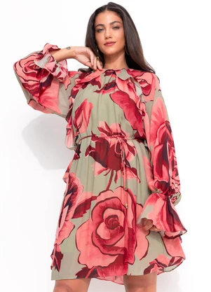 Farm - Vestido Curto Rosas Pintadas Verde - FARM