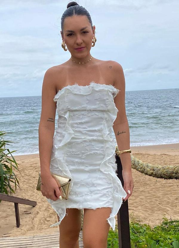 Choyee - Vestido Curto sem Alças com Babados Bege