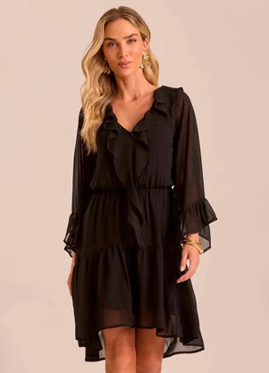 Doce Trama - Vestido Curto Soft Garden em Chiffon Preto - DOCE TRAMA