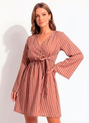 Vestido Curto Transpassado Listrado Marrom com Manga Ampla