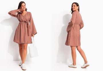 Vestido Curto Transpassado Listrado Marrom com Manga Ampla