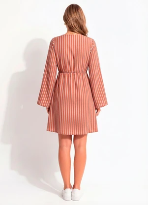 Quintess - Vestido Listrado Marrom em Tecido Plano Maquinetado - QUINTESS