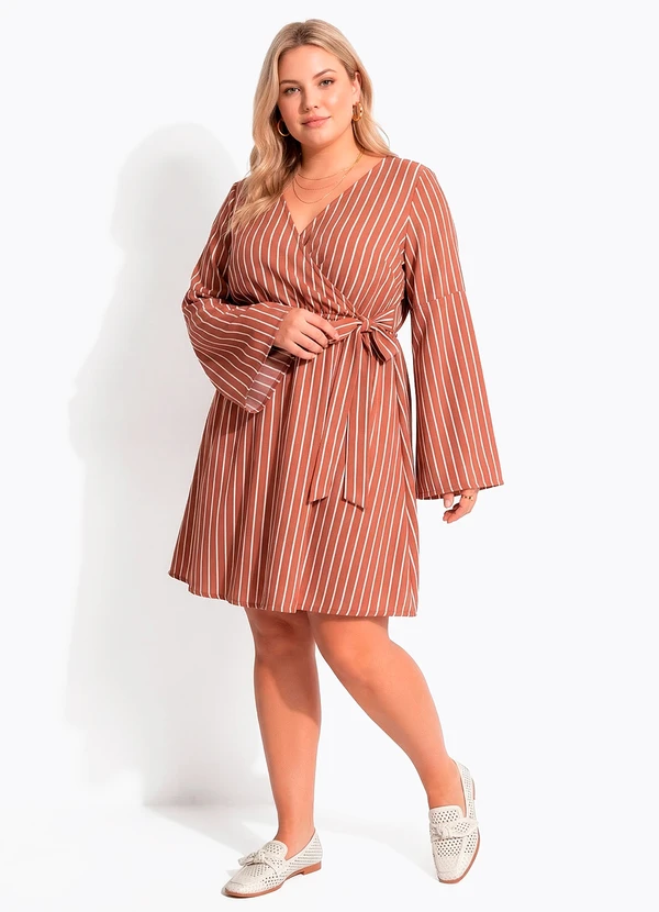 Quintess - Vestido Curto Transpassado Listrado Marrom com Manga Ampla 5