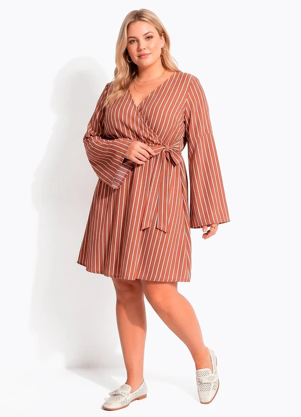 Quintess - Vestido Curto Transpassado Listrado Marrom com Manga Ampla 8
