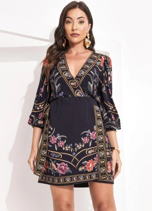 Farm - Vestido Curto Transpasse Floral Belle Preto - FARM