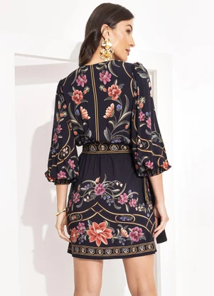 Farm - Vestido Curto Transpasse Floral Belle Preto - FARM
