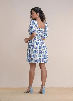 Angel - Vestido Curto Tricoline Estampada Azul - ANGEL