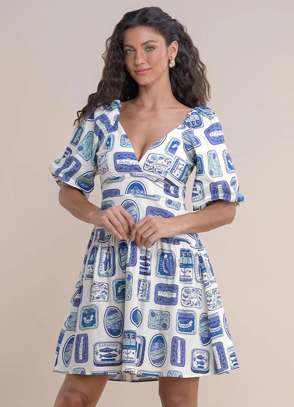 Angel - Vestido Curto Tricoline Estampada Azul