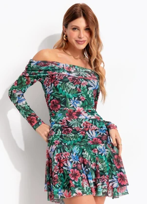 Farm - Vestido Curto Tule Florabela Verde - FARM