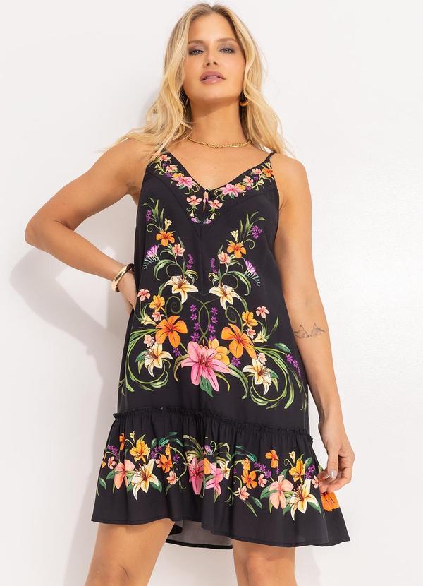 Farm - Vestido Curto Vestida de Flor Preto