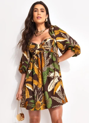 Farm - Vestido Curto Viscolinho Floresta Sketch Marrom - FARM
