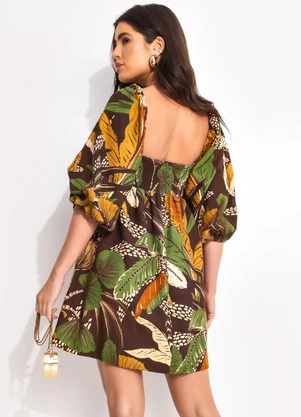 Farm - Vestido Curto Viscolinho Floresta Sketch Marrom - FARM