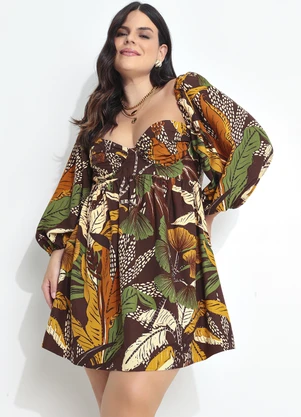 Farm - Vestido Curto Viscolinho Floresta Sketch Marrom - FARM