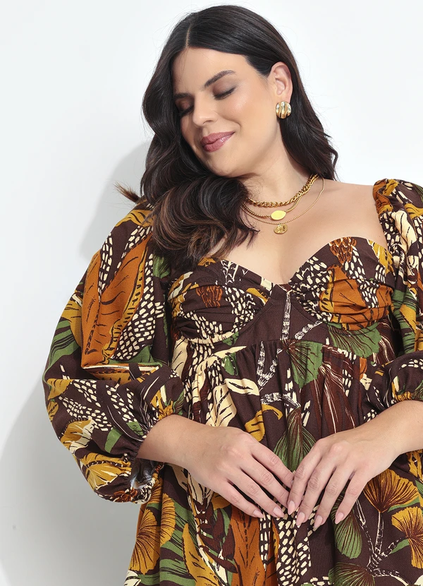 Farm - Vestido Curto Viscolinho Floresta Sketch Marrom 15