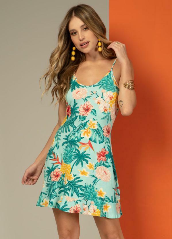 Quintess - Vestido de Alça com Babados na BarraFloral Verde