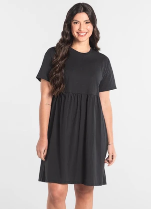 Just Basic - Vestido de Manga Curta em Algodão Preto - JUST BASIC
