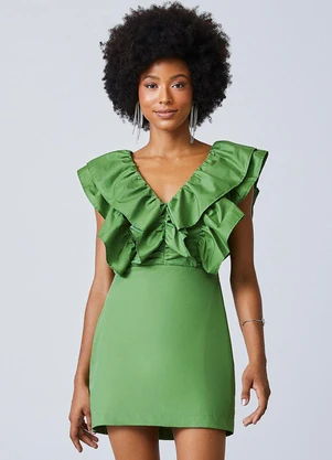 Authoria - Vestido de Tricoline Verde com Babados Verde - AUTHORIA