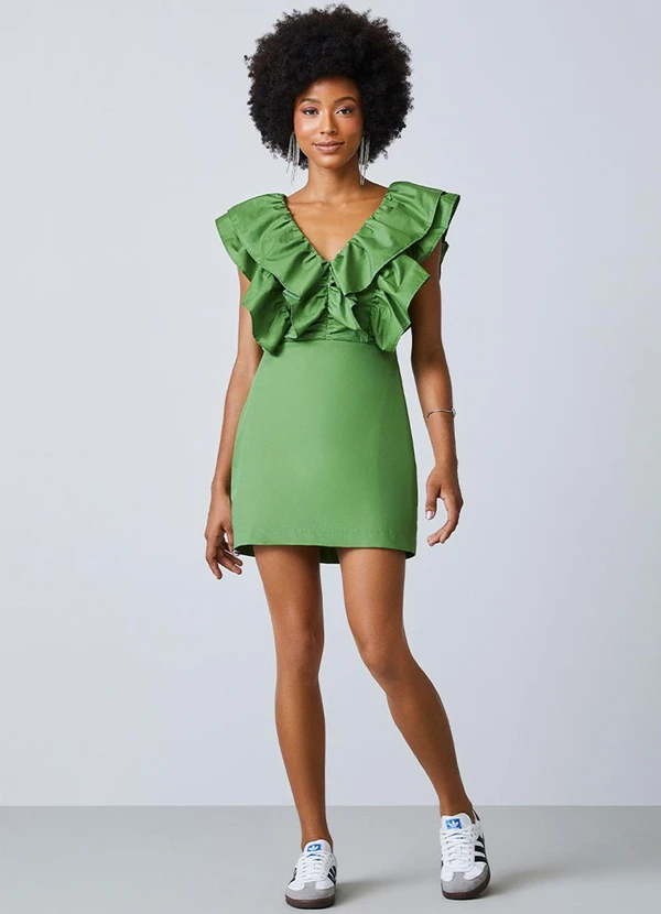 Authoria - Vestido de Tricoline Verde com Babados Verde 3