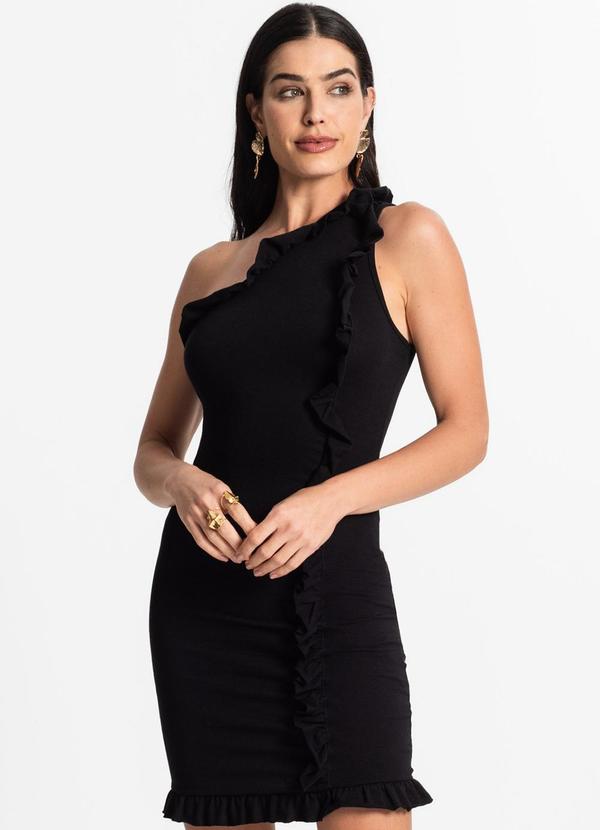 Vestido de um Ombro Só com Babados Preto Rovitex