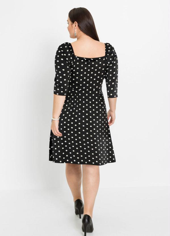 Outlet - Vestido Decote Quadrado Poá Preto 10