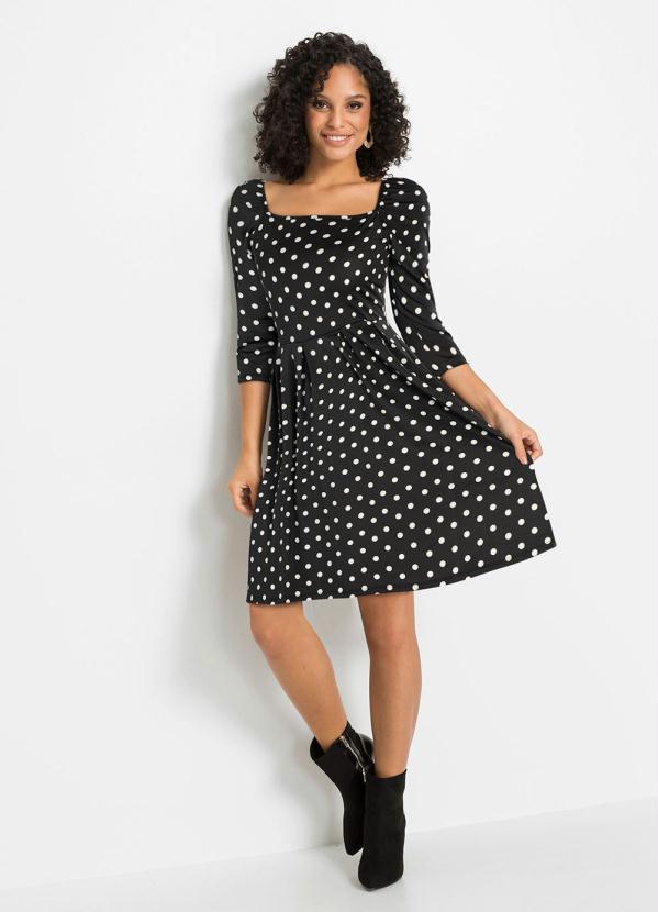 Outlet - Vestido Decote Quadrado Poá Preto 4