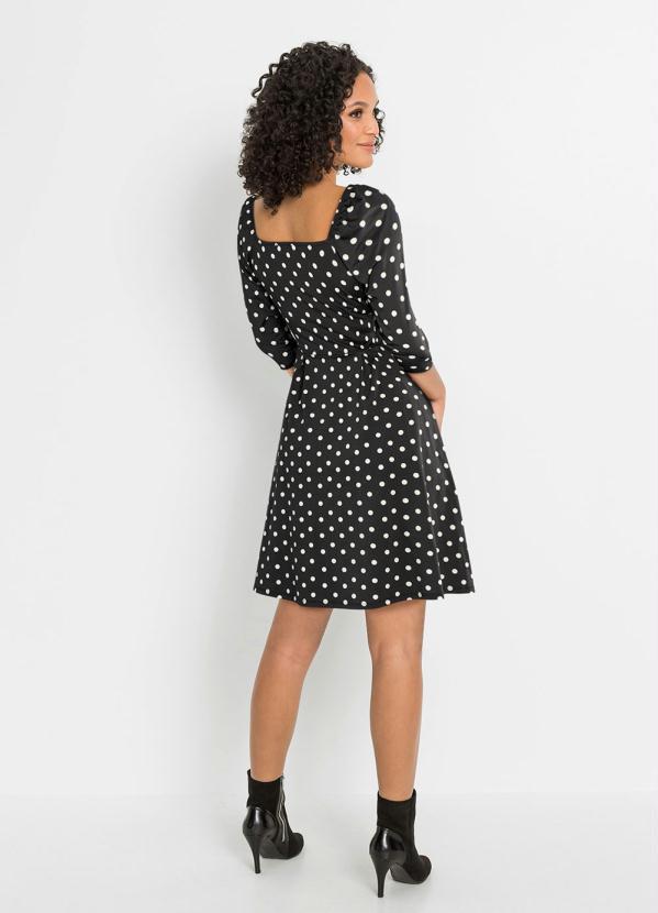 Outlet - Vestido Decote Quadrado Poá Preto 5