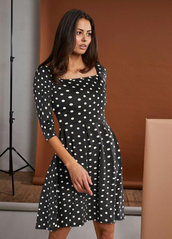 Outlet - Vestido Decote Quadrado Poá Preto 6