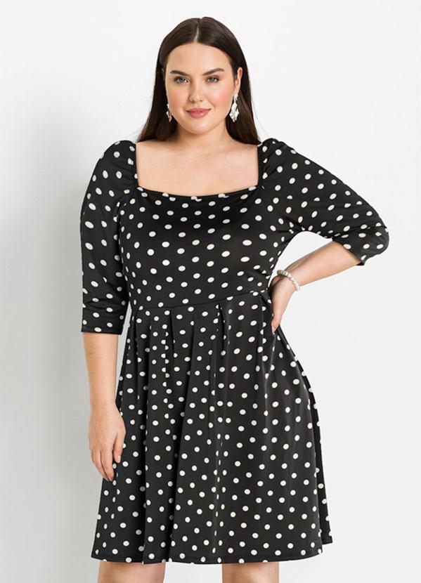 Outlet - Vestido Decote Quadrado Poá Preto 7