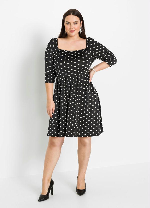 Outlet - Vestido Decote Quadrado Poá Preto 9