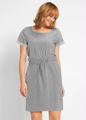 Queima Estoque - Vestido Decote Redondo Listrado Cinza - QUEIMA ESTOQUE