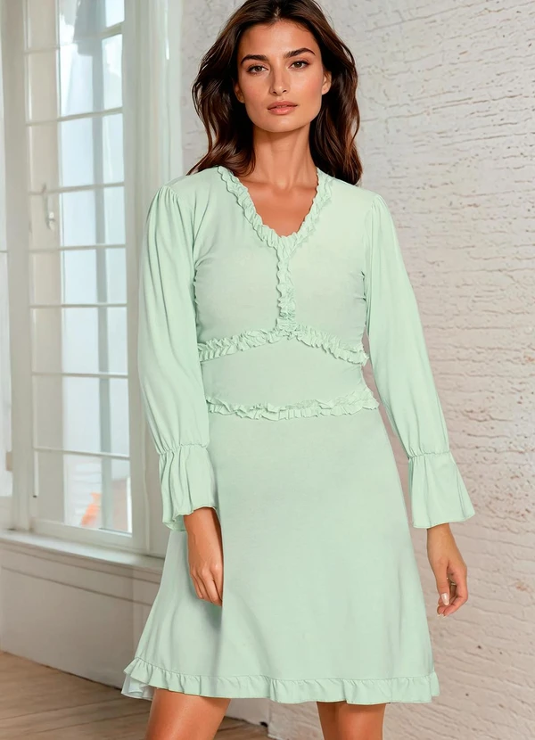bonprix - Vestido Decote V Manga Longa Verde