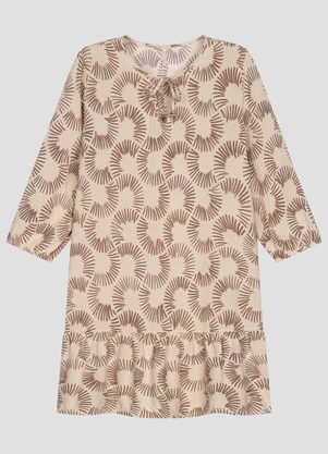 Cereja Rosa - Vestido em Tecido Plano Viscose Estampa Bege - CEREJA ROSA