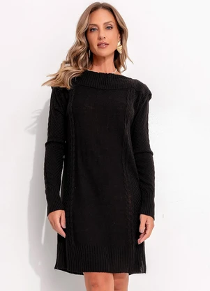 Quintess - Vestido em Tricô Preto Decote Reto - QUINTESS