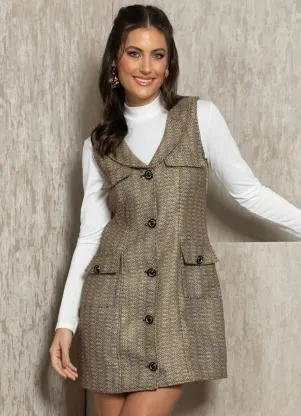 Quintess - Vestido em Tweed Dourado com Gola e Botões - QUINTESS