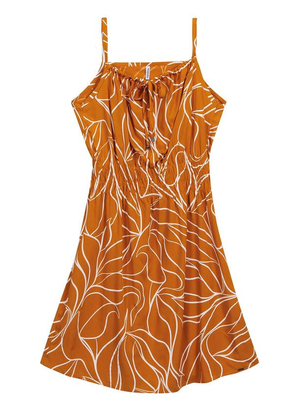 Marialícia - Vestido Estampado Folhas Laranja