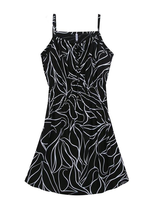 Marialícia - Vestido Estampado Folhas Preto