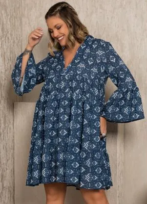 Quintess - Vestido Étnico Azul com Camadas - QUINTESS