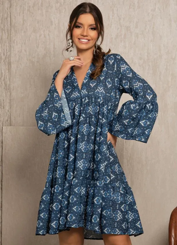 Quintess - Vestido Étnico Azul com Camadas