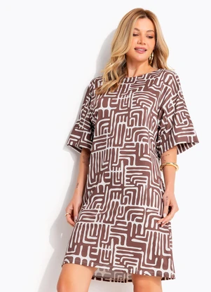 Quintess - Vestido Étnico Marrom em Malha Fria - QUINTESS