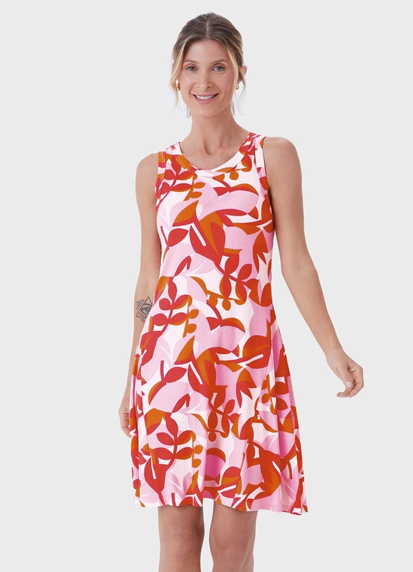 Malwee - Vestido Evasê Canelado Tropical Laranja Escuro