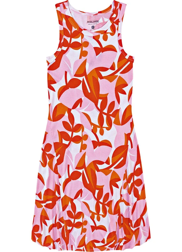Malwee - Vestido Evasê Canelado Tropical Laranja Escuro 2