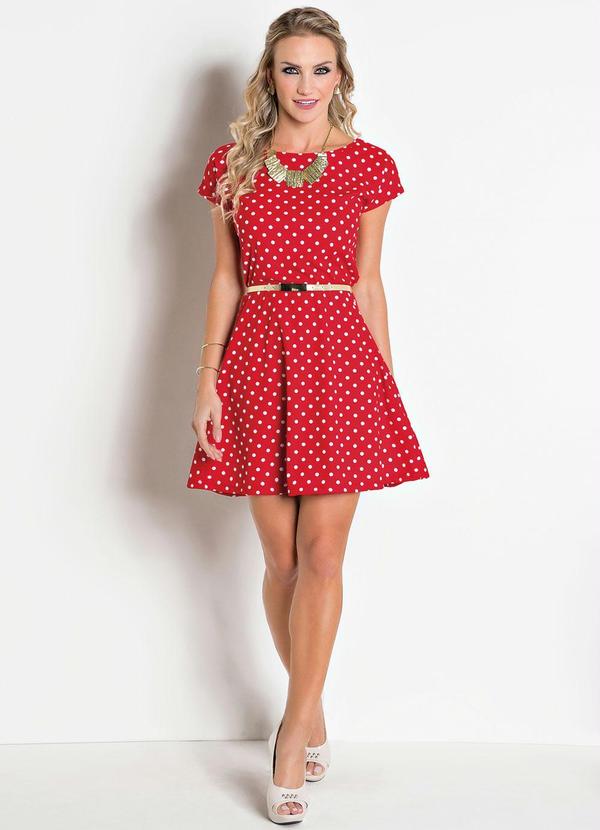 Moda Pop - Vestido Evasê com Estampa Poá Vermelho 7