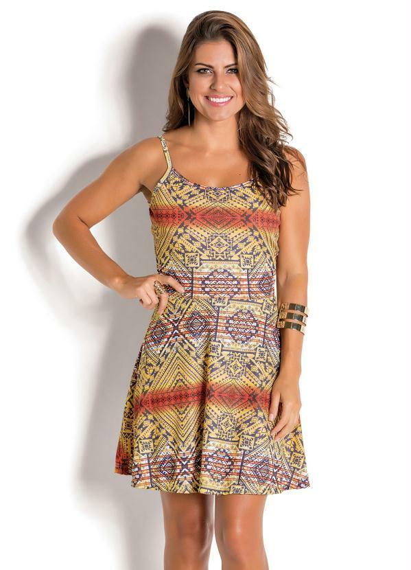 Outlet - Vestido Evasê de Alças Étnico Laranja