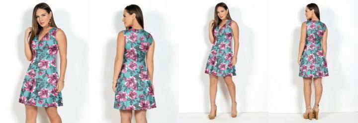Vestido Evas Flor Turquesa com Decote Profundo