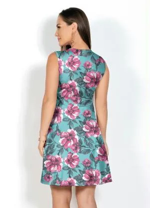 Moda Pop - Vestido Evasê Flor Turquesa com Decote Profundo - MODA POP