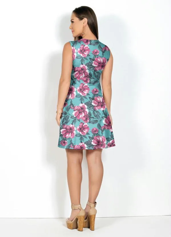Moda Pop - Vestido Evasê Flor Turquesa com Decote Profundo 4
